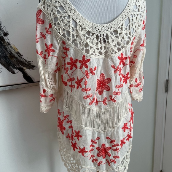 Oliver Orange & Ivory Embroidered Crochet Boho Top Size Small - Picture 6 of 9
